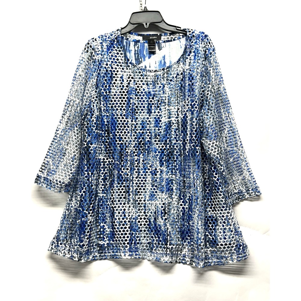 Ali Miles Blue White Women's 1X Tunic Polyester Blend Top (C6)